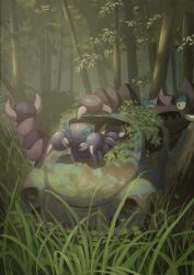 absurdres black_eyes claws closed_eyes commentary_request day drapion evolutionary_line gen_4_pokemon grass highres king_joe_(neoroto) nintendo no_humans outdoors pokemon pokemon_(creature) skorupi tree