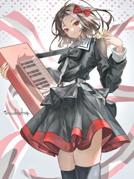 1girl absurdres animal animal_on_shoulder belt belt_buckle black_bow black_bowtie black_shirt black_skirt black_thighhighs bow bowtie brown_hair buckle closed_mouth clothing_cutout collared_shirt commentary_request cowboy_shot curtained_hair ebizuka_tomo gecko girls_band_cry hair_bow highres holding holding_instrument instrument keyboard_(instrument) layered_sleeves light_smile long_sleeves red_bow red_eyes sailor_collar shirt short_hair shoulder_cutout skirt solo standing thighhighs white_background white_belt white_sailor_collar wu_fuzuoyong