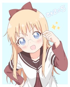 1girl :d adjusting_eyewear bespectacled blonde_hair blue_eyes blush border bow brown_bow brown_sailor_collar buttons child chrislu07 collarbone commentary cowboy_shot dress english_commentary glasses hair_bow hand_on_own_hip layered_sleeves long_hair long_sleeves looking_at_viewer math nanamori_school_uniform open_mouth red_dress sailor_collar sailor_shirt school_uniform shirt short_over_long_sleeves short_sleeves signature simple_background smile solo star_(symbol) tareme toshinou_kyouko v-shaped_eyebrows white_border white_shirt yuruyuri