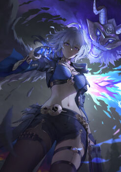 1girl absurdres ahoge black_jacket black_pantyhose black_shorts black_thighhighs blue_bra blue_nails bra breasts chimera_(wuthering_waves) closed_mouth commentary cropped_jacket fur_thigh_strap galbrena_(wuthering_waves) gold_choker grey_hair gun hair_between_eyes hair_intakes hand_up highres holding holding_gun holding_weapon jacket looking_at_viewer medium_breasts medium_hair navel pantyhose purple_eyes shorts single_leg_pantyhose single_thighhigh stomach tacet_discord_(wuthering_waves) thighhighs underwear very_long_fingernails weapon woottak09 wuthering_waves