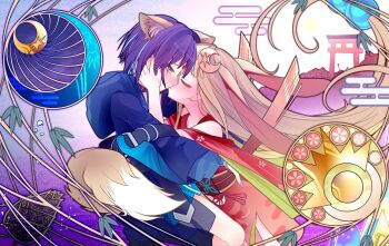 2girls animal_ear_fluff animal_ears ayami-0 bamboo bamboo_shoot bare_shoulders blonde_hair blue_hair blue_nails blush bracelet bubble cho_kaguya-hime! closed_eyes commentary crescent crescent_hair_ornament electrodes face-to-face facing_another forehead_jewel fox_ears fox_tail from_side green_eyes hair_ornament highres jewelry kaguya_(cho_kaguya-hime!) kannazuki_no_miko kiss leaf long_hair long_sleeves looking_at_another lop_rabbit_ears miko_embrace multicolored_hair multiple_girls orange_eyes parody pink_nails profile purple_hair rabbit_ears sakayori_iroha short_hair sun sun_symbol tail torii two-tone_hair very_long_hair yuri