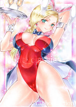 1girl alcohol animal_ear_hairband animal_ears aqua_eyes arm_behind_head armlet at_classics bianca_(dq5) blonde_hair blue_bow blue_bowtie bow bowtie braid breasts cameltoe champagne cleavage commentary_request covered_erect_nipples covered_navel cowboy_shot detached_collar dragon_quest dragon_quest_v fake_animal_ears from_below gluteal_fold gradient_background hairband highleg highleg_leotard holding holding_tray jewelry large_breasts leotard looking_down playboy_bunny rabbit_ears red_leotard sample_watermark silver_armlet single_braid solo tailcoat tailcoat_playboy_bunny traditional_media tray underboob watermark wrist_cuffs