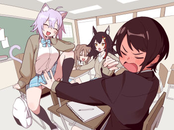 Rule 34 | 4girls, :3, :d, :o, animal ears, bag, black hair, black socks, blazer, blue bow, blue bowtie, blue skirt, blush, bow, bowtie, brown eyes, brown hair, cardigan, cat ears, cat girl, cat tail, chalkboard, classroom, closed eyes, desk, dog ears, dog girl, full-face blush, hand on own cheek, hand on own face, hashtag-only commentary, highres, hololive, indoors, inugami korone, jacket, long sleeves, mendako (wjkgreat), multiple girls, nekomata okayu, notebook, ookami mio, oozora subaru, open cardigan, open clothes, open mouth, panties, purple eyes, red streaks, school bag, school desk, shirt, short hair, sitting, skirt, smile, smok (hololive), socks, tail, underwear, virtual youtuber, white panties, white shirt, wolf ears, wolf girl