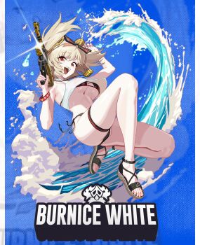 Rule 34 | 1girl, absurdres, alternate costume, anyak05, bikini, black bikini, blonde hair, bracelet, breasts, burnice white, character name, crop top, eyewear on head, gun, highres, holding, holding gun, holding weapon, jewelry, looking at viewer, medium breasts, necklace, open mouth, red-tinted eyewear, red eyes, sandals, side-tie bikini bottom, solo, sunglasses, swimsuit, tank top, teeth, thigh strap, tinted eyewear, twintails, underboob, upper teeth only, weapon, white tank top, zenless zone zero