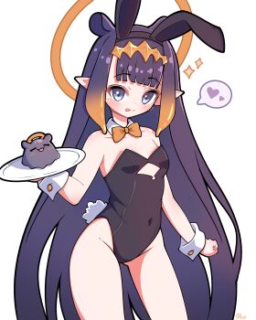 1girl absurdres animal_ears black_leotard bow bowtie bunny_day detached_collar diamond_hairband fake_animal_ears gradient_hair halo halo_behind_head highres hololive hololive_english holomyth leotard multicolored_hair ninomae_ina&#039;nis playboy_bunny pointy_ears purple_hair rabbit_ears rabbit_tail shutowl strapless strapless_leotard tail tentacle_hair thighs virtual_youtuber wrist_cuffs