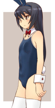 1girl animal_ear_hairband animal_ears black_hair blue_one-piece_swimsuit bow bowtie breasts brown_eyes competition_school_swimsuit detached_collar fake_animal_ears grey_background hairband leotard long_hair one-piece_swimsuit original playboy_bunny_swimsuit rabbit_ears rabbit_tail red_bow red_bowtie school_swimsuit small_breasts solo strapless strapless_leotard swimsuit tail thighhighs two-tone_background uona_telepin white_thighhighs wrist_cuffs