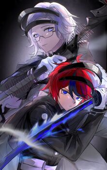 2boys absurdres ahoge aotsuki_eito black_cape black_jacket black_streaks blue_eyes cape chinese_commentary commentary fighting_stance gakuran glasses gloves grey_hair headgear highres holding holding_scythe holding_weapon jacket kimfour last_defense_academy_school_uniform looking_at_viewer male_focus multicolored_hair multiple_boys parted_lips purple_eyes red_hair ringed_eyes school_uniform scythe short_hair spikes streaked_hair sumino_takumi the_hundred_line_-last_defense_academy- weapon white_gloves