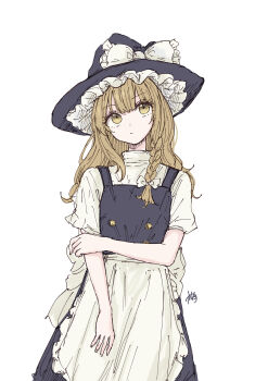1girl absurdres apron black_hat black_skirt black_vest blonde_hair bow braid buttons closed_mouth commentary_request frilled_apron frilled_bow frilled_hat frills hair_between_eyes hand_on_own_arm hat hat_bow highres kashiwada_kiiho kirisame_marisa long_hair partial_commentary shirt signature simple_background single_braid skirt solo touhou turtleneck turtleneck_shirt vest waist_apron white_apron white_background white_shirt witch witch_hat yellow_eyes