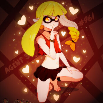 1girl anklet bare_shoulders barefoot blonde_hair bracelet braid cephalopod_eyes crop_top flat_chest full_body heart heart_necklace inkling inkling_girl inkling_player_character jewelry long_hair looking_at_viewer miniskirt navel necklace nintendo orange_eyes pointy_ears skirt smile solo splatoon_(series) squid srgrafo tentacle_hair