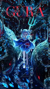 1girl air_bubble animal_costume animal_hood blue_eyes blue_hair blue_hoodie blunt_bangs bubble character_name diyokama fins fish fish_tail gawr_gura hair_ornament highres hololive hololive_english holomyth hood hoodie looking_at_viewer multicolored_hair ocean open_mouth polearm red_eyes shark shark_costume shark_fin shark_girl shark_hair_ornament shark_hood shark_tail sharp_teeth shoes sneakers solo streaked_hair tail teeth trident two_side_up underwater virtual_youtuber water weapon