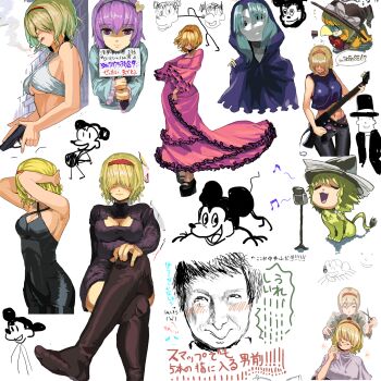 2boys 5girls alice_margatroid alternate_costume barber black_dress black_eyes black_headwear black_legwear black_pants black_sweater blonde_hair blue_hair blue_hood blue_shirt blue_tank_top bow breasts character_request chocobo cleavage cleavage_cutout closed_mouth clothing_cutout colored_skin commentary_request compilation cookie_(touhou) cowboy_shot crop_top disney dress electric_guitar feet_out_of_frame final_fantasy flamenco_dress flour_(cookie) foot_out_of_frame frilled_dress frilled_sleeves frills full_body guitar gun hair_between_eyes hair_over_eyes hairband halterneck hat hat_bow head_tilt hershel_layton highres holding holding_gun holding_instrument holding_sign holding_weapon human_head instrument jigen_(cookie) kirisame_marisa koga_(cookie) koiso_usu komeiji_satori kumoi_ichirin light_blue_hair lion long_sleeves looking_at_another manatsu_no_yo_no_inmu mashiroma_zenima medium_breasts meguru_(cookie) mickey_mouse mickey_mouse_&amp;_friends multiple_boys multiple_girls multiple_views music musical_note navel niconico_id pants parted_bangs pink_dress pink_hair professor_layton red_eyes red_hairband shirt short_hair sign singing sketch smile sweater taisa_(cookie) tank_top thighhighs touhou translation_request weapon white_background white_bow white_skin witch_hat