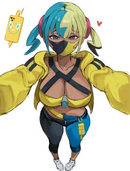 1girl black_mask black_pants blonde_hair blue_eyes blue_hair blue_pants breasts canari_(pokemon) cleavage commentary criss-cross_straps dark-skinned_female dark_skin gen_4_pokemon heart highres jacket large_breasts looking_at_viewer mask mega_stone mouth_mask multicolored_hair navel nintendo outstretched_arms pants pokemon pokemon_legends:_z-a rakeemspoon rotom rotom_phone shoes short_twintails simple_background sneakers solo split-color_hair spread_arms twintails two-tone_hair two-tone_mask two-tone_pants white_background white_shoes yellow_jacket yellow_mask