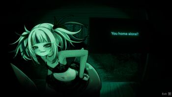 1girl alternate_costume blunt_bangs button_prompt choker closed_mouth color_banding commentary crop_top dark dark_background dithering english_commentary english_text eyeliner fake_screenshot fins fish_tail fishnet_sleeves fishnet_top fishnets flat_chest gameplay_mechanics gawr_gura goth_fashion green_theme hair_ornament hands_on_own_hips highres hololive hololive_english lace lace-trimmed_skirt lace_trim leaning_forward lifted_by_tail long_hair long_sleeves looking_at_viewer makeup messy_hair midriff miniskirt monochrome multicolored_hair navel no_i&#039;m_not_a_human parody shark_girl shark_tail short_twintails sidelocks skirt smirk solo spaghetti_strap streaked_hair superfann tail talking twintails virtual_youtuber