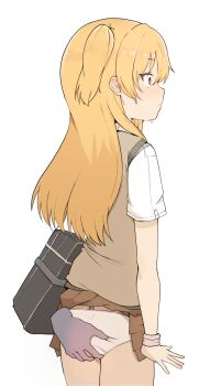 1girl absurdres armlet ass blonde_hair bracelet brown_skirt brown_sweater_vest chikan clothes_lift grabbing_another&#039;s_ass groping hair_ornament hair_scrunchie highres idolmaster idolmaster_cinderella_girls jewelry jougasaki_rika light_blush loli long_hair molestation open_hand panties s10021 scrunchie sexual_harassment shirt simple_background skirt skirt_lift standing surprised sweatdrop sweater_vest two_side_up underwear white_panties white_shirt wide-eyed
