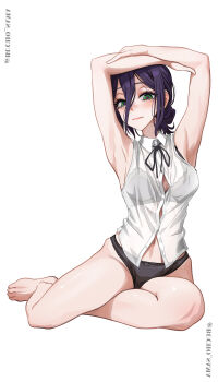1girl absurdres armpits arms_up bare_legs barefoot black_bra black_hair black_panties black_ribbon bow bow_panties bra breasts bucho_sama button_gap chainsaw_man commentary_request crossed_arms full_body green_eyes hair_between_eyes heart heart_in_eye highres holding_own_arm long_hair_between_eyes looking_at_viewer medium_breasts neck_ribbon no_pants panties reze_(chainsaw_man) ribbon see-through_clothes see-through_shirt shirt simple_background sitting sleeveless sleeveless_shirt solo symbol_in_eye toes twitter_username underwear variant_set white_background white_shirt yokozuwari