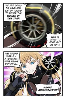 1girl 2021_abu_dhabi_grand_prix animification black_bodysuit black_gloves blonde_hair blue_eyes bodysuit clenched_teeth commentary english_commentary english_text fingerless_gloves formula_one genderswap genderswap_(mtf) gloves highres long_hair looking_at_viewer max_verstappen merryweather motion_blur original pineapple_(pine) red_bull running solo sweat teeth v-shaped_eyebrows wheel