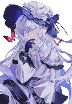 1girl black_gloves brooch bug butterfly capelet center_frills closed_mouth commentary_request dress flower frilled_dress frilled_sleeves frills gloves hand_up hat hat_flower highres insect jewelry long_hair long_sleeves looking_at_viewer mahou_shoujo_no_majo_saiban merc4ury0 neck_ribbon red_butterfly ribbon simple_background smile solo spoilers tsukishiro_yuki white_background white_capelet white_dress white_flower white_hair white_hat white_ribbon