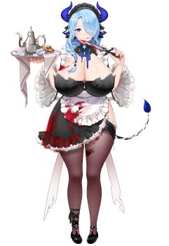 1girl absurdres animal_ears apron black_dress black_nails black_shoes blood blood_on_breasts blood_on_clothes blood_on_face bloody_knife blue_eyes blue_hair blue_pupils braid breasts bright_pupils cleavage closed_mouth cookie cow_ears cow_girl cow_horns cow_tail cream_cod cup dress food frilled_apron frilled_dress frills hair_over_one_eye hair_over_shoulder hair_tubes highres holding holding_tray horns huge_breasts indie_virtual_youtuber knife long_hair maid maid_headdress miilkywayz mole mole_under_mouth official_art purple_horns saucer shoes single_hair_tube smile solo tachi-e tail teacup teapot thighhighs transparent_background tray virtual_youtuber white_apron