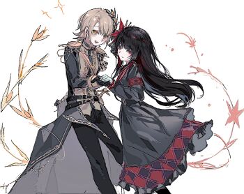 2girls artist_request black_gloves black_hair black_jacket black_pants black_shirt black_skirt blonde_hair chinese_commentary closed_mouth collared_shirt commentary_request commission epaulettes feet_out_of_frame flower gloves hair_flower hair_ornament hasumi_leia highres holding_hands jacket long_hair long_sleeves looking_at_viewer mahou_shoujo_no_majo_saiban multiple_girls nikaido_hiro open_mouth pants red_eyes sash second-party_source shirt short_hair shoulder_sash skirt smile standing white_background yellow_eyes