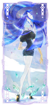1other az_rei bare_legs belt black_shirt black_shoes black_shorts blunt_bangs blunt_ends border card_(medium) closed_eyes collared_shirt crystal decapitation disembodied_head expressionless floating_hair from_behind full_body gem_uniform_(houseki_no_kuni) high_collar high_heels highres houseki_no_kuni lake layered_sleeves light_particles long_hair night other_focus outdoors parted_lips phosphophyllite phosphophyllite_(ll) puffy_short_sleeves puffy_sleeves shards shirt shoes short_shorts short_sleeves shorts snow solo sparkle spoilers straight_hair very_long_hair white_belt white_border white_shirt