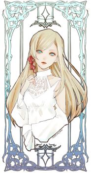 1girl aqua_eyes blonde_hair breasts closed_mouth clothing_cutout cropped_torso detached_sleeves dress final_fantasy final_fantasy_xiv hair_ribbon hand_on_own_chest highres long_hair medium_breasts minfilia_warde oyatsuredgray red_ribbon ribbon shoulder_cutout solo straight_hair swept_bangs twintails upper_body white_dress