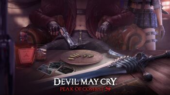 1boy 1girl 3d absurdres bike_shorts black_gloves bottle bullet chair copyright_name cup dante_(devil_may_cry) devil_may_cry:_peak_of_combat devil_may_cry_(series) drinking_glass ebony_&amp;_ivory fingerless_gloves gloves gun highres holding holding_gun holding_weapon lady_(devil_may_cry) midriff navel no_shirt official_art official_wallpaper on_chair photo_(object) rebellion_(sword) shot_glass sitting sword thigh_strap weapon zipper