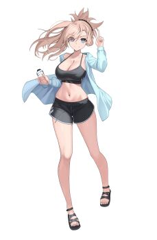 1girl absurdres bare_legs black_sandals black_shorts black_sports_bra blue_eyes blue_jacket bottle breasts brown_hair cleavage closed_mouth collar collarbone commentary_request fate/grand_order fate_(series) full_body hair_over_one_eye highres holding holding_bottle jacket large_breasts long_hair long_sleeves looking_at_viewer miyamoto_musashi_(fate) mua_(mua_pb) navel open-toe_shoes open_clothes open_jacket sandals short_shorts shorts simple_background smile solo sports_bra sportswear standing v water_bottle white_background