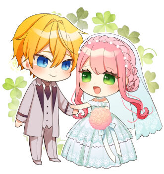 akimoto_aki arthur_(kikaijikake_no_marie) blonde_hair blue_eyes bouquet braid bridal_veil chibi clover dress flower formal_clothes four-leaf_clover green_eyes holding holding_bouquet holding_hands kikaijikake_no_marie marie_(kikaijikake_no_marie) necktie pink_hair suit veil wedding wedding_dress