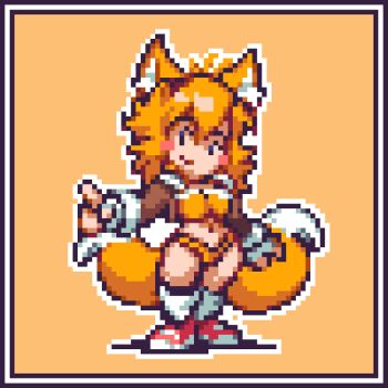 1girl ahoge animal_ear_fluff animal_ears antenna_hair bikini blonde_hair blush bra breasts brown_jacket cleavage collared_jacket colored_skin commentary cropped_jacket english_commentary fingerless_gloves fox_ears fox_tail fur-trimmed_jacket fur_trim furry furry_female genderswap gloves hair_between_eyes humanization jacket kneehighs large_ears large_tail light_smile lingerie looking_at_viewer looking_to_the_side loose_socks medium_breasts millie_tails_prower multiple_tails navel open_clothes open_jacket orange_background orange_bikini orange_tail outline outside_border partially_fingerless_gloves pixel_art pixel_eyes pixelated pixels pointing pointing_at_viewer red_shoes shoes short_hair simple_background smile socks sonic_(series) swimsuit tail tails_(sonic) thighs thong thong_bikini two_tails underwear white_fur white_gloves white_outline white_socks