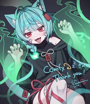 Rule 34 | 1girl, ahoge, animal ear fluff, animal ears, black hoodie, blue hair, braid, cat ears, cat girl, character request, commentary, commission, copyright request, cowboy shot, double-parted bangs, fangs, hair intakes, hands up, highres, hood, hood down, hoodie, looking at viewer, medium hair, namin (namin star), open mouth, red eyes, red ribbon, ribbon, single bare shoulder, skeb commission, smile, solo, thank you