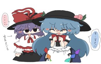 ... 2girls ^_^ black_hat black_skirt blue_hair blush bow bowtie capelet center_frills closed_eyes frilled_capelet frills hat hat_bow hinanawi_tenshi kuuinusuki long_hair medium_hair multiple_girls nagae_iku open_mouth peach_hat_ornament purple_hair rainbow_gradient red_bow red_bowtie shirt simple_background skirt speech_bubble spoken_ellipsis touhou translation_request v-shaped_eyebrows white_background white_capelet white_shirt