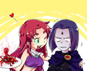 2girls bindi cartoon_network colored_skin dc_comics female_focus food green_eyes grey_skin harinezumi103 long_hair multiple_girls open_mouth purple_hair raven_(dc) red_hair short_hair starfire sweatdrop tank_top teen_titans trembling wink