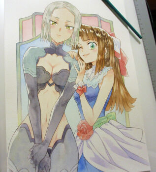 2girls agahari art_tools_in_frame back_bow black_bra black_shrug blue_dress bow bra breasts brown_hair cleavage closed_mouth commentary_request cowboy_shot dress flower flower_ornament green_bow green_eyes green_sash grey_hair grey_pantyhose hair_bow hands_on_another&#039;s_shoulder isekai_no_seikishi_monogatari long_hair looking_at_viewer maria_nanadan_vii medium_breasts multiple_girls navel one_eye_closed open_mouth own_hands_together painting_(medium) pantyhose photo_(medium) red_bow red_flower red_rose rose ruler sash short_hair shrug_(clothing) sleeveless sleeveless_dress smile standing stomach traditional_media underwear v_arms yellow_eyes yukine_mea