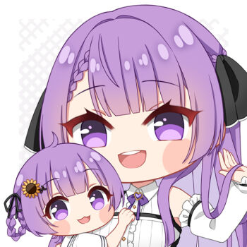 2girls braid detached_sleeves flower fpsmoe hair_flower hair_ornament hair_ribbon indie_virtual_youtuber long_hair looking_at_viewer mother_and_daughter multiple_girls open_mouth otsuka_ray purple_eyes purple_hair reika_(otsuka_ray) ribbon short_hair single_braid smile sunflower sunflower_hair_ornament upper_body virtual_youtuber