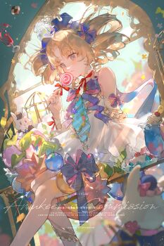 1girl absurdres amukeer bare_shoulders blonde_hair blue_bow blue_bowtie bow bowtie candy cherry cup detached_sleeves dress drill_hair drinking_glass feet_out_of_frame food fruit hair_bow highres holding holding_candy holding_food holding_lollipop ice_cream ice_cream_float lollipop long_sleeves original parted_bangs parted_lips red_bow red_bowtie short_hair sitting sleeveless sleeveless_dress solo swirl_lollipop twin_drills watermark white_dress white_sleeves wide_sleeves yellow_eyes