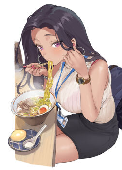 1girl bare_arms bare_shoulders black_hair black_skirt bowl bra_strap bra_visible_through_clothes breasts chopsticks earrings eating egg_(food) fingernails food food_on_face hamedoragon hands_up holding holding_chopsticks hoop_earrings id_card invisible_chair jewelry large_breasts leaning_forward long_hair looking_at_viewer miniskirt nail_polish noodles original pencil_skirt purple_eyes red_nails simple_background sitting skirt sleeveless solo spoon table tan watch white_background wristwatch