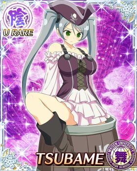 Rule 34 | 1girl, barrel, border, breasts, card (medium), character name, closed mouth, dress, game cg, green eyes, grey hair, hat, large breasts, leg up, long hair, looking down, official art, pink dress, pirate costume, pirate hat, senran kagura, senran kagura new wave, skull and crossbones, solo, swept bangs, third-party source, tsubame (senran kagura), twintails, very long hair