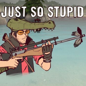 Rule 34 | 1boy, :|, animal hat, beard stubble, black-framed eyewear, black gloves, black hair, black vest, bolt action, buoy, chinstrap, closed mouth, commentary, crocodile, crocodilian, english commentary, english text, facial hair, feathers, fingerless gloves, fog, fujimna, gloves, green hat, gun, hat, hill, holding, holding gun, holding weapon, image macro (meme), impact (font), island, lake, male focus, meme, mustache stubble, orange-tinted eyewear, partially submerged, popped collar, red shirt, red sniper (tf2), rifle, scope, shirt, short hair, short sleeves, shoulder strap, sideburns, single glove, sleeves rolled up, sniper (tf2), sniper rifle, solo, stubble, sunglasses, team fortress 2, tinted eyewear, tree, upper body, vest, wall-eyed, watch, weapon, wristwatch