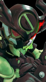 Rule 34 | 1boy, absurdres, black background, black helmet, cheri zao, cherrymo (cheri zao), cracked kawaii mask, green helmet, helmet, highres, male focus, original, photo inset, red eyes, simple background, solo, tokusatsu, upper body