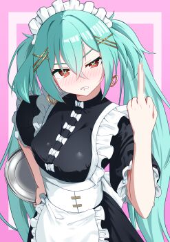 1girl aether_gazer alternate_costume apron arm_up ausar_(aether_gazer) black_dress blush bow bow_button breasts censored censored_gesture clenched_teeth commentary_request cowboy_shot dress earrings enmaided frilled_apron frilled_sleeves frills green_hair green_pupils hair_ornament hairclip harrybyharry heart heart_earrings highres holding holding_tray jewelry long_hair looking_at_viewer maid maid_headdress medium_breasts middle_finger mosaic_censoring pink_background red_eyes short_sleeves solo symbol-shaped_pupils teeth tray twintails very_long_hair white_bow white_headdress x-shaped_pupils