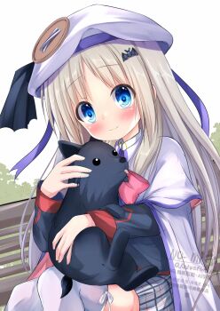 Rule 34 | 1girl, animal, bat hair ornament, beret, blue eyes, blush, bow, cape, capelet, cat, closed mouth, dog, grey skirt, hair ornament, hat, highres, holding, holding animal, holding cat, kud wafter, kudpoid (71139), little busters!, little busters! school uniform, long hair, looking at viewer, noumi kudryavka, pink bow, plaid clothes, plaid skirt, school uniform, sitting, skirt, smile, solo, thighhighs, white capelet, white hat, white thighhighs