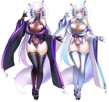 Rule 34 | 1girl, absurdres, animal ears, bare shoulders, black veil, blush, breasts, collar, corruption, elbow gloves, fox ears, fox shadow puppet, fox tail, gloves, hair ornament, highleg, highleg leotard, highres, huge breasts, kutan, leotard, long hair, looking at viewer, mizuki (kutan), mouth veil, multiple girls, naughty face, original, pinwheel, pinwheel hair ornament, pubic tattoo, purple eyes, seductive smile, see-through clothes, see-through leotard, see-through veil, smile, solo, tail, tattoo, thighhighs, veil, very long hair, white hair, white thighhighs, wide hips, wrist cuffs