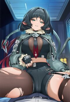 1girl ai-generated animal_ears black_hair breasts green_eyes highres jane_doe_(zenless_zone_zero) large_breasts mouse_girl parted_lips pov sitting sitting_on_person spread_legs surinai tail thick_thighs thighs zenless_zone_zero