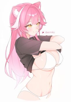 1girl absurdres animal_ears bikini bikini_top_under_shirt bikini_under_clothes black_shirt breasts center-flap_bangs cleavage closed_mouth clothes_lift commentary deermiko double-parted_bangs hashtag-only_commentary highres hololive hololive_english large_breasts navel panther_ears panther_girl panther_tail pink_hair raora_panthera shirt shirt_lift sideboob sidelocks simple_background smile solo stomach swimsuit t-shirt tail undressing virtual_youtuber white_background white_bikini white_streaks yellow_eyes