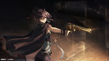 Rule 34 | 1girl, absurdres, aiming, black gloves, black hair, black jacket, black pants, copyright name, copyright notice, fingerless gloves, gloves, green shirt, gun, hair between eyes, hair bun, handgun, highres, holding, holding gun, holding weapon, jacket, jacket on shoulders, logo, longjing (xinyue tongxing), official art, official wallpaper, outstretched arm, pants, revolver, shirt, short hair, solo, strapless, strapless shirt, tile floor, tiles, upper body, v-shaped eyebrows, weapon, xinyue tongxing, yellow eyes