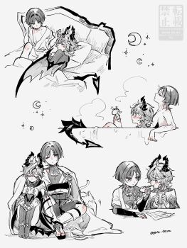 2boys alternate_costume armor bare_shoulders bathtub bed blanket blunt_ends blush body_markings bow bridal_gauntlets cape cat cheek_bulge closed_eyes closed_mouth crescent crossed_bangs cup disposable_cup dragon_boy dragon_horns dragon_wings drinking_straw eyelashes eyeliner eyeshadow facing_up feeding genshin_impact gloves gnsn_tera greyscale hair_between_eyes head_on_pillow highres holding holding_cup holding_toy horns hot_dog japanese_armor japanese_clothes juban kimono kote leaning_on_person leg_warmers looking_at_another makeup map middle_ring mini_durin_(genshin_impact) mini_durin_(human)_(genshin_impact) monochrome multiple_boys night on_bed one_eye_closed open_hands pajamas pectorals pillow red_eyeliner red_eyeshadow sandals scaramouche_(genshin_impact) sequential shared_bathing shared_blanket shorts shoulder_peek sitting sleeping spot_color star_(sky) steam toy tsurime twitter_username under_covers wanderer_(genshin_impact) watermark wet wings wispy_bangs zouri