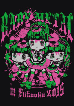 Rule 34 | 2015, 3girls, :3, \m/, babymetal, band poster, blood, blunt bangs, deformed, double \m/, eyelashes, eyeshadow, goth fashion, green hair, heavy metal, kikuchi moa, makeup, mizuno yui, multiple girls, nakamoto suzuka, open mouth, pink blood, pink eyeshadow, ponytail, real life, sekiya yurie, smile