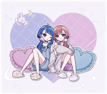 2girls alternate_hairstyle animal_slippers aomi_(user_dwmu4274) blue_eyes blue_hair blue_shirt blue_shorts bunny_slippers cardigan closed_mouth commentary crescent_moon frilled_shirt frilled_shorts frills green_eyes grey_cardigan hair_over_shoulder heart highres hirogaru_sky!_precure long_hair looking_at_viewer loungewear medium_hair moon multiple_girls nijigaoka_mashiro off_shoulder one_eye_closed open_cardigan open_clothes open_mouth pillow pink_hair pink_shirt pink_shoes ponytail precure rabbit shirt shoes shorts side-by-side single_sidelock sitting sleepwear slippers smile sora_harewataru