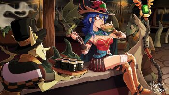 2boys 2girls alaynakgray armor armored_boots bandages bat_wings belt belt_buckle blue_hair bone boots breasts buckle burger cape cave cave_interior city colored_skin commentary commission dang_(runescape) double-parted_bangs duellist's_cap_(tier_6) earrings eating english_commentary fast_food fingerless_gloves food food_bite food_stand full_body gladiator gloves goblin gold_trim greaves green_belt green_cape green_skin hair_between_eyes hat highres holding holding_burger holding_food holding_skewer jewelry lamppost large_ears leotard long_bangs long_hair long_pointy_ears mage_staff market market_stall meat medium_breasts multiple_boys multiple_earrings multiple_girls mushroom old_school_runescape original pointy_ears poleyn red_leotard runescape shish_kebab sitting skewer smile soup soup_ladle staff staff_of_armadyl_(runescape) stone_floor sun_symbol sushi top_hat underground weapon wings wooden_tray yellow_eyes