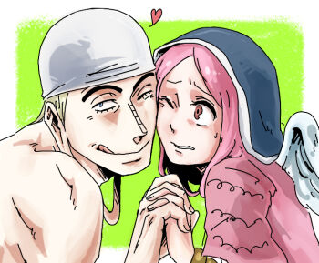 1boy 1girl bandana enel kepe one_piece pink_hair skypiea wings